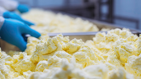 Freshly prepared yellow butter in an industrial setting. Hands in blue gloves work carefully to ensure quality and hygiene in dairy production.の素材