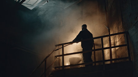A solitary man stands atop stairs in an industrial setting, enveloped in fog and light. This captivating scene illustrates themes of mystery, hard work, and solitude.の素材