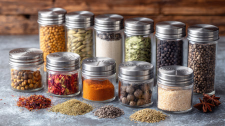 A beautifully arranged collection of various spices and seasonings stored in clear glass jars, showcasing vibrant colors and textures on a rustic wooden surface.の素材