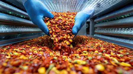 A close-up view of hands in blue gloves pouring sun-dried chili peppers in an industrial food processing facility, showcasing vibrant colors and textures.の素材