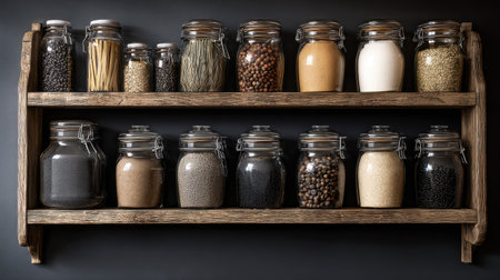A rustic wooden shelf displays an array of glass jars filled with assorted dry ingredients. Perfect for kitchen decor and organization.の素材