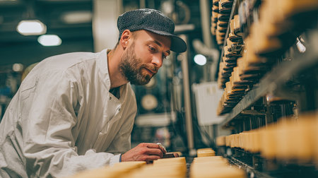 A focused male worker in a food production facility attentively inspects the cheese production line, ensuring quality and maintaining hygiene standards.の素材