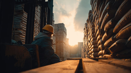 A warehouse worker sits on wooden pallets as the sun sets, surrounded by stacks of bags in an industrial setting, capturing the essence of labor.の素材