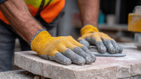 Close-up of hands wearing safety gloves engaged in stonework at a construction site, highlighting craftsmanship, focus, and essential tools involved in the renovation process.の素材