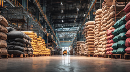 This photograph captures the interior of a modern warehouse featuring stacks of bags organized neatly on pallets, showcasing an efficient logistics environment.の素材