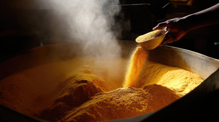 A hand gracefully pours golden flour from a bowl into a large container, illuminating the texture of the flour in a rustic, shadowy kitchen.の素材