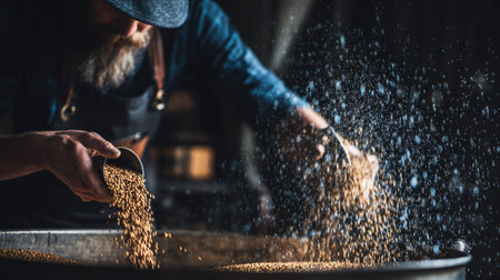 A captivating scene showcasing an artisan passionately pouring grains into a large container, surrounded by a warm and atmospheric workshop environment filled with dust and motion.の素材