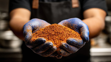 A pair of hands wearing colorful gloves holds a mound of vibrant spices, showcasing the artistry of cooking in a professional kitchen environment.の素材