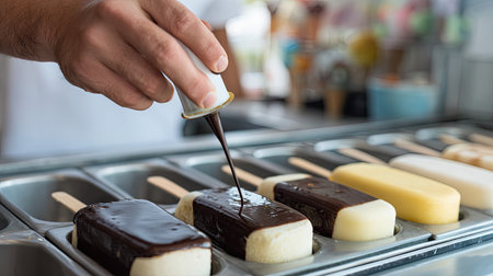 A close-up view of a hand drizzling rich chocolate syrup over ice cream bars in a dessert shop. The setup showcases a vibrant selection of flavors, creating a tempting treat.の素材