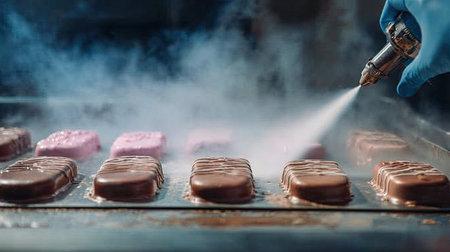 This image showcases a professional pastry kitchen where chocolate and strawberry desserts are being crafted. A precision sprayer adds a glossy finish, enhancing the visual appeal.の素材