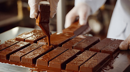 Close-up shot capturing the process of pouring liquid chocolate onto bars in an artisan factory, emphasizing skill and quality in confectionery creation.の素材