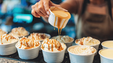 A woman carefully drizzles rich caramel sauce over freshly served ice cream cups in a vibrant dessert shop, showcasing a delightful treat experience.の素材