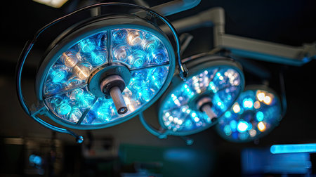 A close-up view of advanced surgical lighting in a modern operating room, showcasing multiple bright LED lights designed for optimal visibility during surgical procedures.の素材