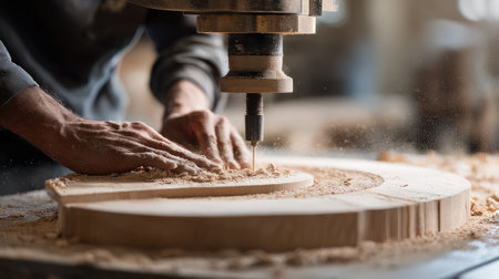 A skilled artisan uses a CNC machine to shape wood, showcasing meticulous craftsmanship amidst a floating cloud of fine sawdust in a vibrant workshop.の素材