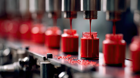 This image depicts an industrial production line focused on filling vibrant red paint into glass jars. The machinery and process highlight the intricate details of manufacturing.の素材