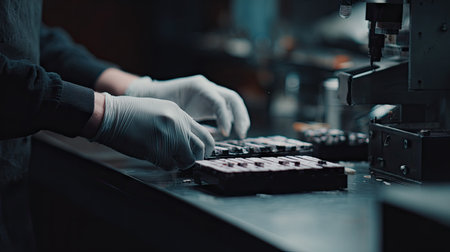A close-up view of a technician wearing gloves as they carefully manipulate tools in a modern laboratory. The environment showcases a commitment to precision and safety.の素材