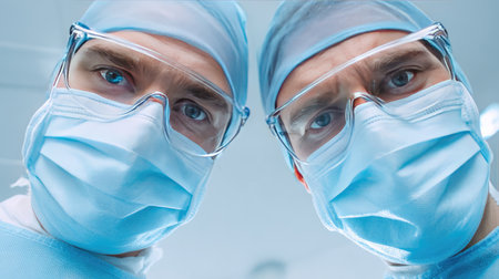 Two male surgeons in an operating room project intensity and focus while wearing blue masks and protective gear. The environment emphasizes professionalism and teamwork.の素材