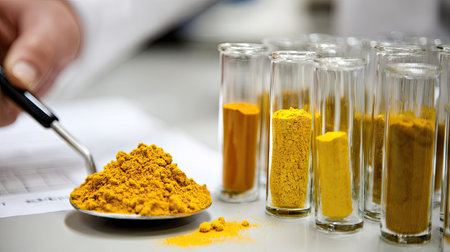 A close-up view of vibrant yellow powders in various test tubes, alongside a measuring spoon, showcases the essence of scientific analysis and experimentation in a laboratory.の素材