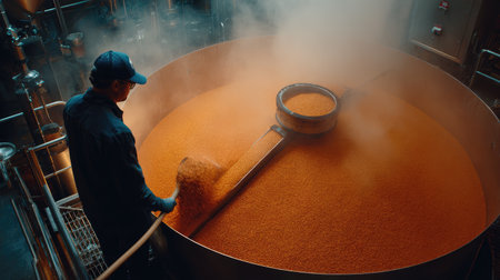 A focused worker stirs a large cauldron filled with vivid orange ingredients in an industrial kitchen, surrounded by steam and cooking equipment.の素材