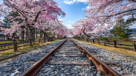 A serene view of a railway track lined with stunning cherry blossom trees in full bloom, inviting travelers to explore the beautiful spring landscape.の素材