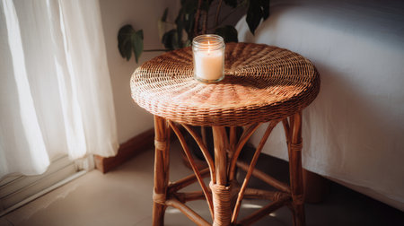 A charming wicker stool illuminated by a glowing candle adds warmth to a tranquil bedroom atmosphere, enhancing the natural decor with cozy ambiance.の素材