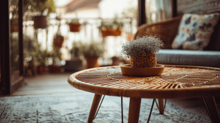 A beautifully designed indoor scene featuring a bamboo coffee table topped with a delicate flower arrangement, creating a cozy and inviting atmosphere.の素材