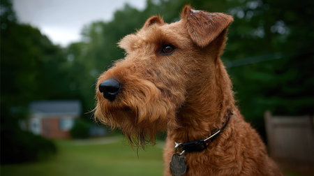 A close-up portrait of a red Airedale terrier dog in a natural outdoor setting. The dog exhibits a keen expression, showcasing its distinctive fur and vibrant eyes.の素材