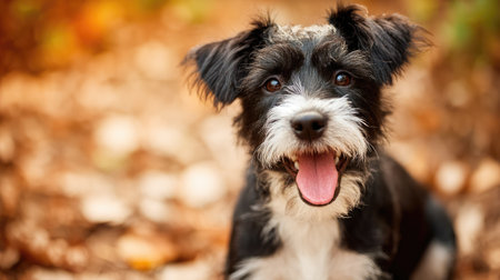 A cheerful small black and white dog sits among autumn leaves, showcasing a bright smile and fluffy fur, embodying the joy of nature and companionship.の素材