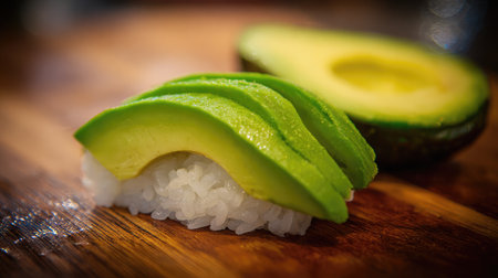 This vibrant image showcases fresh avocado slices delicately arranged on white sushi rice, set against a rustic wooden background, evoking a sense of culinary artistry.の素材