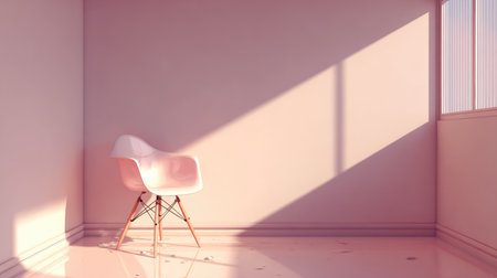 A serene and stylish modern chair sits in a minimalist room, bathed in soft sunlight and delicate pink tones, creating a peaceful and elegant atmosphere.の素材