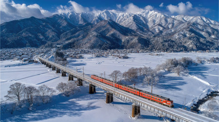 A breathtaking aerial view captures a colorful train traversing over a bridge in a snowy landscape, surrounded by majestic mountains and pristine nature.の素材