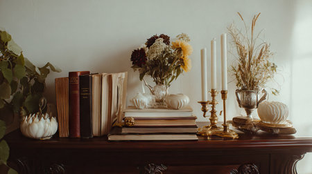 A charming vintage decor arrangement featuring books, fresh flowers, candles, and elegant accessories creating a cozy atmosphere in a stylish home setting.の素材