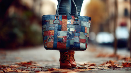 A stylish woman showcases a colorful patchwork tote bag while walking down an urban street blanketed in falling autumn leaves, capturing a vibrant lifestyle moment.の素材