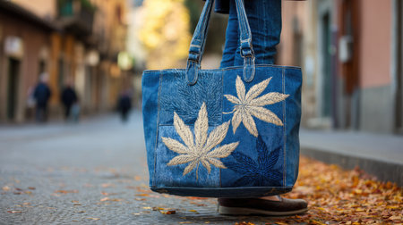 A fashionable denim bag adorned with a floral design stands on a picturesque urban street in autumn, blending nature with casual style. Perfect for showcasing individuality in everyday wear.の素材