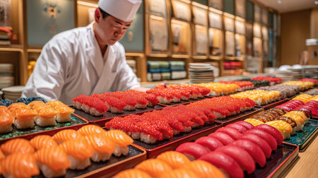A skilled chef meticulously prepares a stunning array of sushi in a modern restaurant, showcasing vibrant colors and intricate designs.の素材