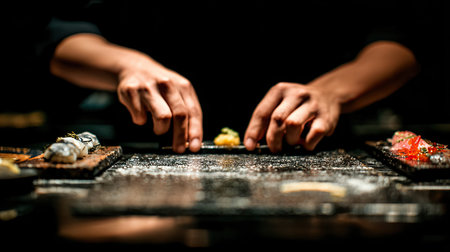 A skilled chef carefully arranges sushi on a dark counter, showcasing intricate culinary artistry in an upscale restaurant setting. The focus is on precision and presentation.の素材