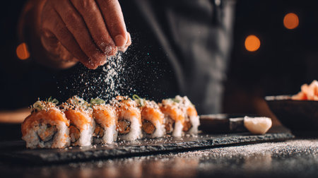 A skilled chef elegantly sprinkles seasoning over beautifully arranged sushi rolls, showcasing detailed culinary artistry in a warm restaurant setting.の素材