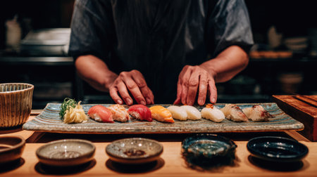 A skilled sushi chef carefully arranges various types of sushi on a rustic wooden platter, showcasing craftsmanship and vibrant flavors in a cozy Japanese restaurant setting.の素材