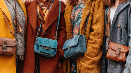 A group of women display their colorful handbags against a stylish urban backdrop, highlighting diverse textures and unique designs that reflect personal style.の素材