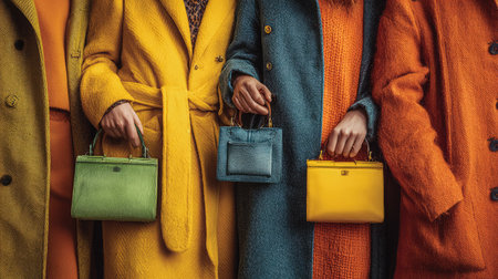 A captivating scene featuring fashion models showcasing vibrant coats and stylish handbags, perfect for inspiring urban street style trends.の素材
