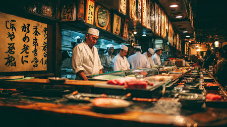 Experience the bustling atmosphere of a traditional Japanese sushi restaurant, where skilled chefs skillfully prepare fresh fish in a vibrant setting filled with rich culinary traditions.の素材