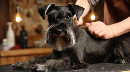 A beautiful schnauzer dog lying on a grooming table, receiving a detailed haircut from a groomer, highlighting the bond in a cozy salon atmosphere.の素材