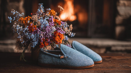 A serene still life featuring blue slippers with a vibrant floral arrangement, set against a cozy fireplace backdrop, embodying comfort and home warmth.の素材