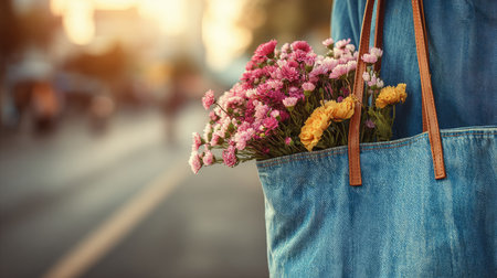 A stunning denim tote bag showcases an arrangement of vibrant flowers against a warm sunset in an urban environment, perfect for nature lovers.の素材