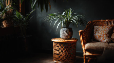 A serene indoor scene featuring a vibrant potted plant atop a woven table beside a comfortable rattan chair, illuminated by soft light, creating a warm and inviting atmosphere perfect for relaxation.の素材