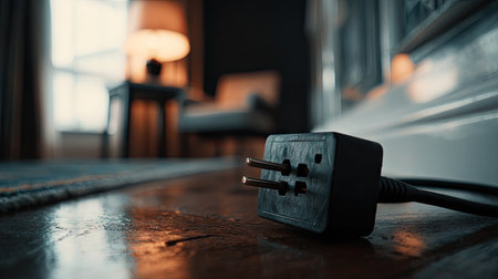 This image features a close-up of an electrical plug resting on a polished wooden floor in a stylish living room, capturing the essence of comfort and modern design.の素材