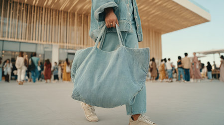 A fashionable individual showcases a large soft blue tote bag while strolling among a vibrant crowd, embodying contemporary style and urban flair.の素材