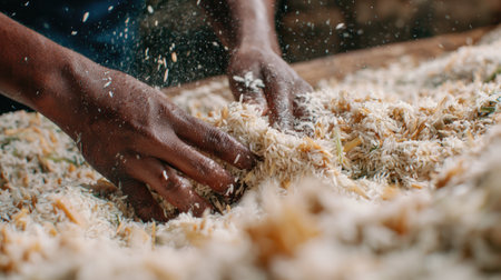 Close-up of hands carefully sorting grains on a rustic wooden table. The image captures the essence of traditional agricultural practices and connects with nature.の素材