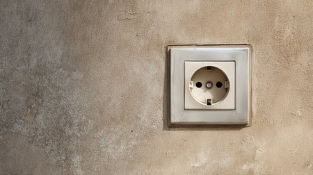 This image showcases a close-up of a single electrical outlet mounted on a textured wall. The subtle color variations and rustic finish create an intriguing visual element, evoking a sense of warmth and functionality in home interiors.の素材