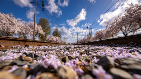 A tranquil scene showcasing a railway track lined with blooming cherry blossom trees, set against a bright blue sky with fluffy clouds. The ground is adorned with fallen petals, creating a serene natural setting.の素材